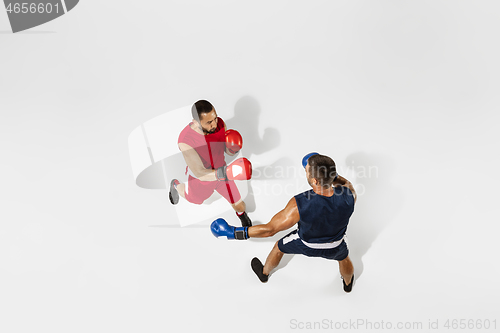 Image of Two professional boxers boxing isolated on white studio background, action, top view