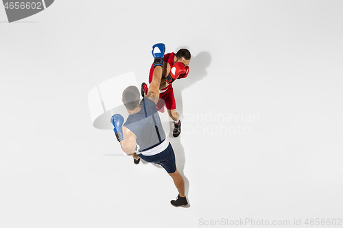 Image of Two professional boxers boxing isolated on white studio background, action, top view