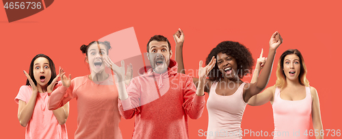 Image of The collage of faces of surprised people on coral backgrounds.