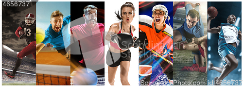 Image of Sport collage about soccer, american football, badminton, tennis, boxing, ice and field hockey, table tennis