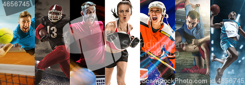 Image of Sport collage about soccer, american football, badminton, tennis, boxing, ice and field hockey, table tennis