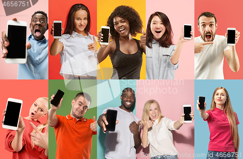 Image of The collage about surprised, smiling, happy, astonished people showing blank screen of mobile phones