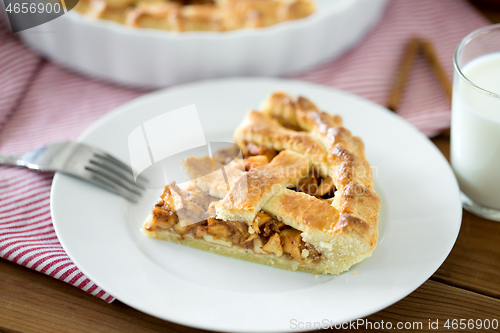 Image of close up of apple pie and fork on plate