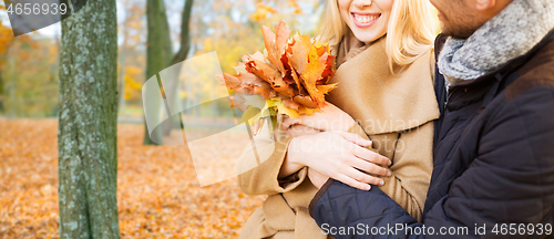 Image of close up of smiling couple hugging in autumn park