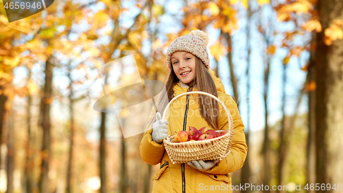 Image of girl with apples in wicker basket at autumn park