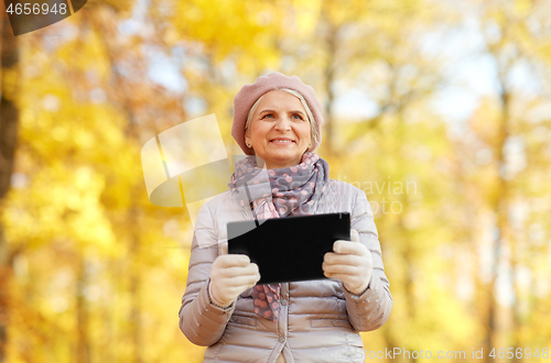 Image of senior woman with tablet pc at summer park