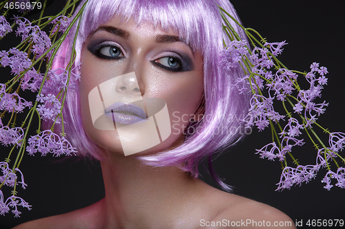 Image of Beautiful girl in purple wig