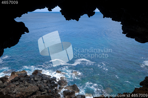 Image of Cliffs and pacific ocean landscape vue from Ana Kakenga cave in 