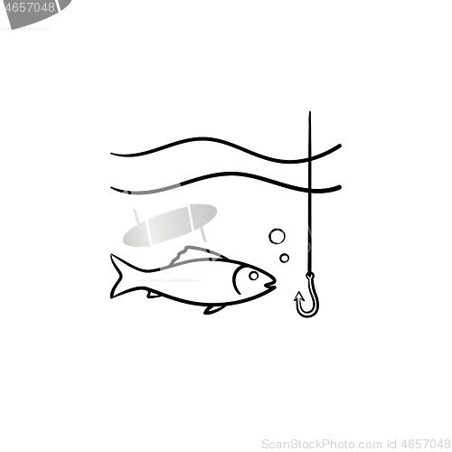 Image of Fish with hook hand drawn sketch icon.