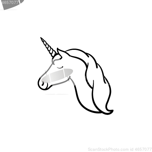 Image of Unicorn head with horn hand drawn sketch icon.