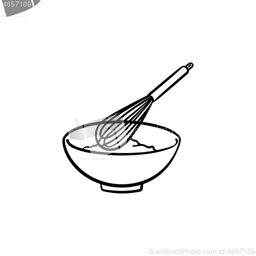 Image of Mixing bowl with wire whisk hand drawn sketch icon