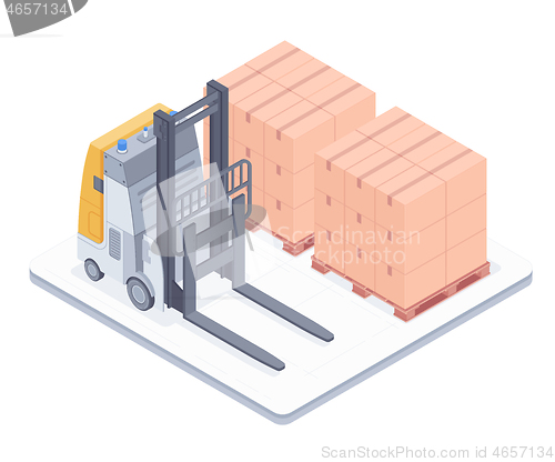 Image of Forklift with boxes on pallets isometric illustration