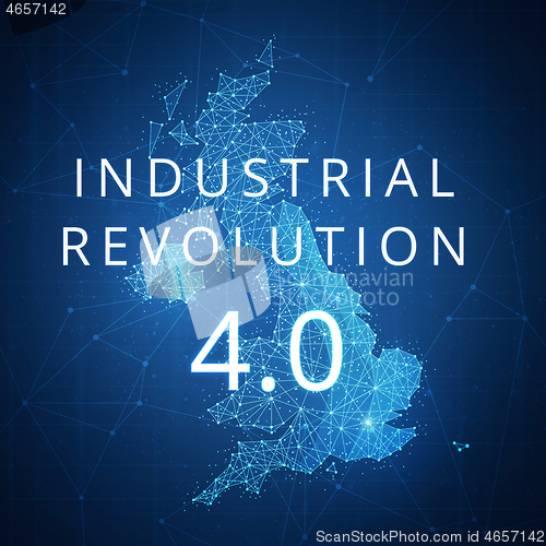 Image of Fourth industrial revolution on blockchain polygon Great britain map.