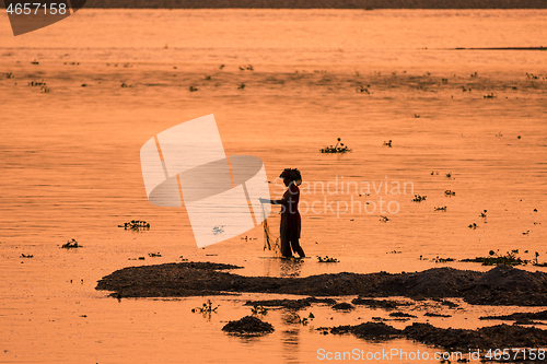 Image of Asian Woman fishing in the river, silhouette at sunset