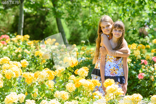 Image of Two girls stand in a beautiful flower garden and hug each other