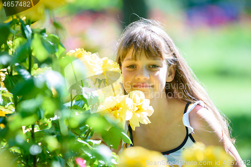 Image of Girl in the park sniffs yellow roses on a sunny day