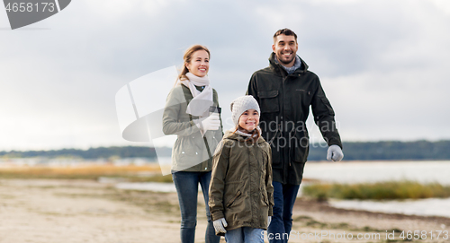 Image of happy family walking along autumn beach