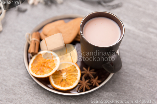 Image of hot chocolate with dried orange, cookies and anise