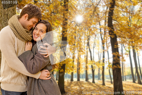 Image of smiling couple hugging in autumn park