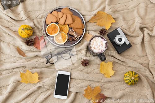Image of smartphone, hot chocolate and camera in autumn