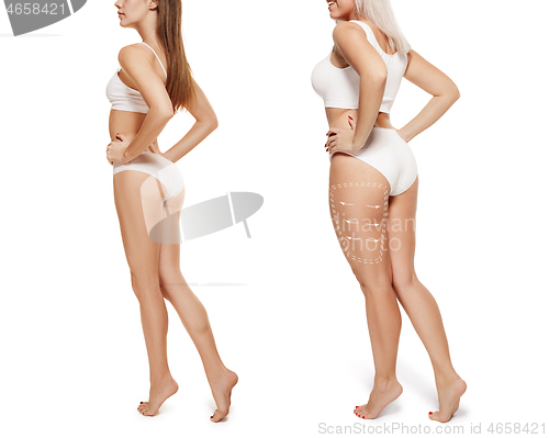 Image of Two young thick and thin women have different figures