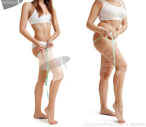 Image of Two young thick and thin women have different figures