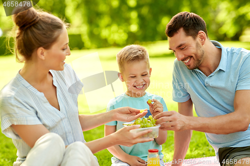 Image of happy family having picnic at summer park