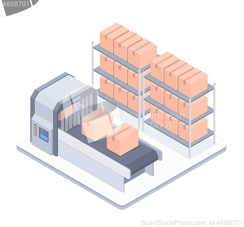 Image of Automated boxing line with conveyor belt isometric illustration