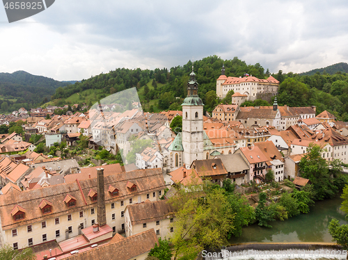 Image of Panoramic aerial view of medieval old town of Skofja Loka, Slovenia