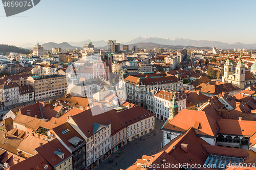 Image of Panoramic view of Ljubljana, capital of Slovenia, at sunset. Empty streets of Slovenian capital during corona virus pandemic social distancing measures in 2020