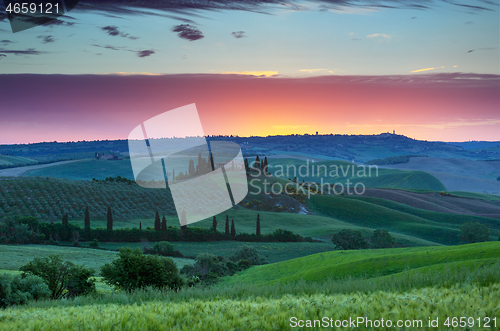 Image of Tuscany landscape at sunrise in Italy