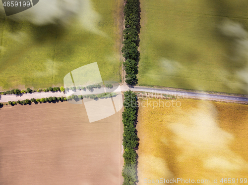 Image of Aerial top view from drone above crossed roads on agricultural fields.