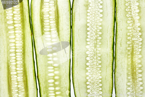 Image of Vertical cut cucumber vegetable slices natural background.