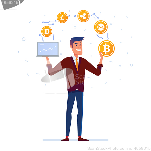 Image of Caucasian man juggles with crypto currency coins