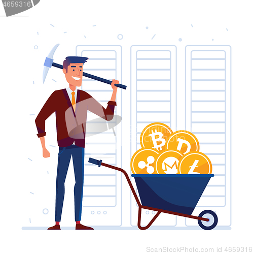 Image of Man with pickaxe and barrow full of crypto coins