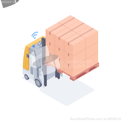 Image of Wi-fi forklift lifting boxes isometric vector illustration