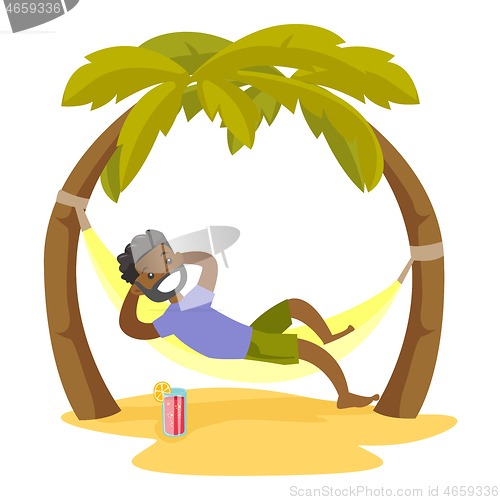 Image of African-american man lying in hammock on the beach