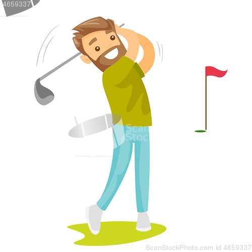 Image of Young caucasian white golfer hitting the ball.