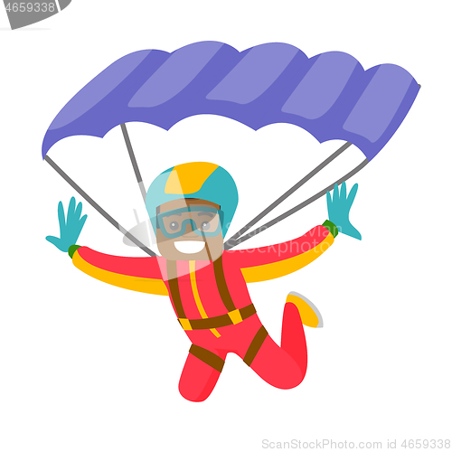 Image of Black man flying with a parachute.