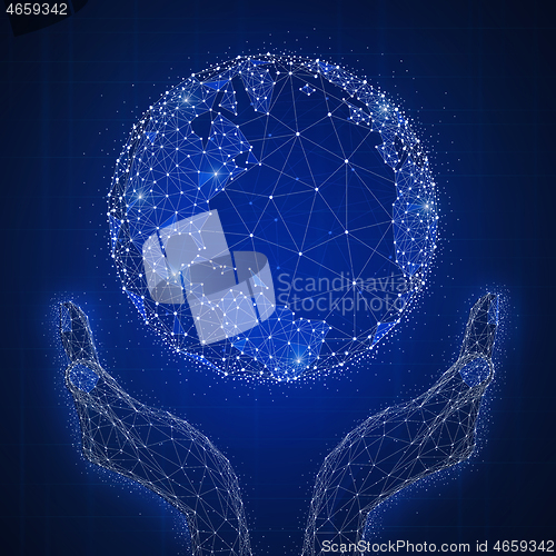 Image of Blockchain technology futuristic hud banner with globe in hands.