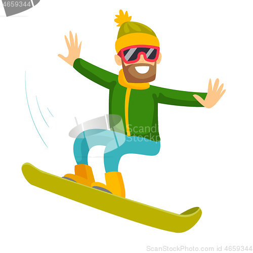 Image of Young caucasian white man riding a snowboard.