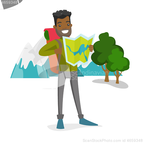 Image of African traveler with backpack looking at map.