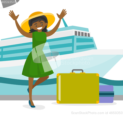 Image of Tourist goes to the cruise liner with a suitcase.