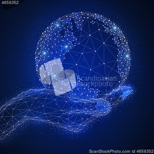 Image of Blockchain technology futuristic hud banner with globe in a hand