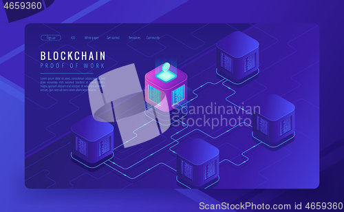 Image of Isometric blockchain cryptocurrency and data transfer concept.