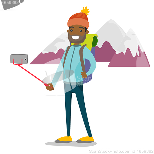 Image of Young african-american traveler man making selfie.
