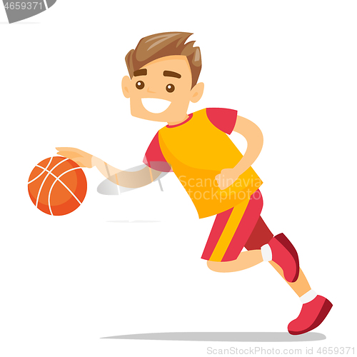 Image of Young caucasian white playing basketball.