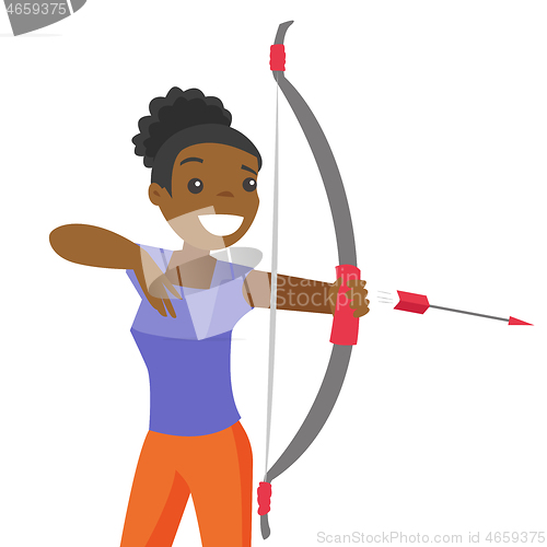 Image of Black sportswoman holding bow and arrow.