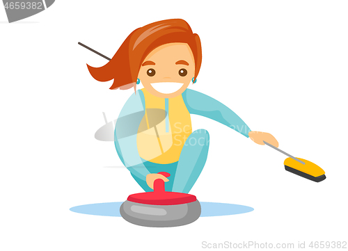 Image of Caucasian sportswoman playing curling on ice rink.