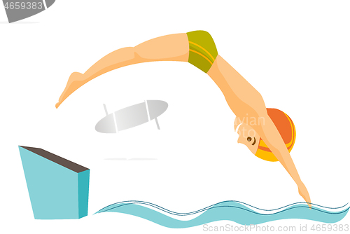 Image of Caucasian man jumping in the swimming pool.